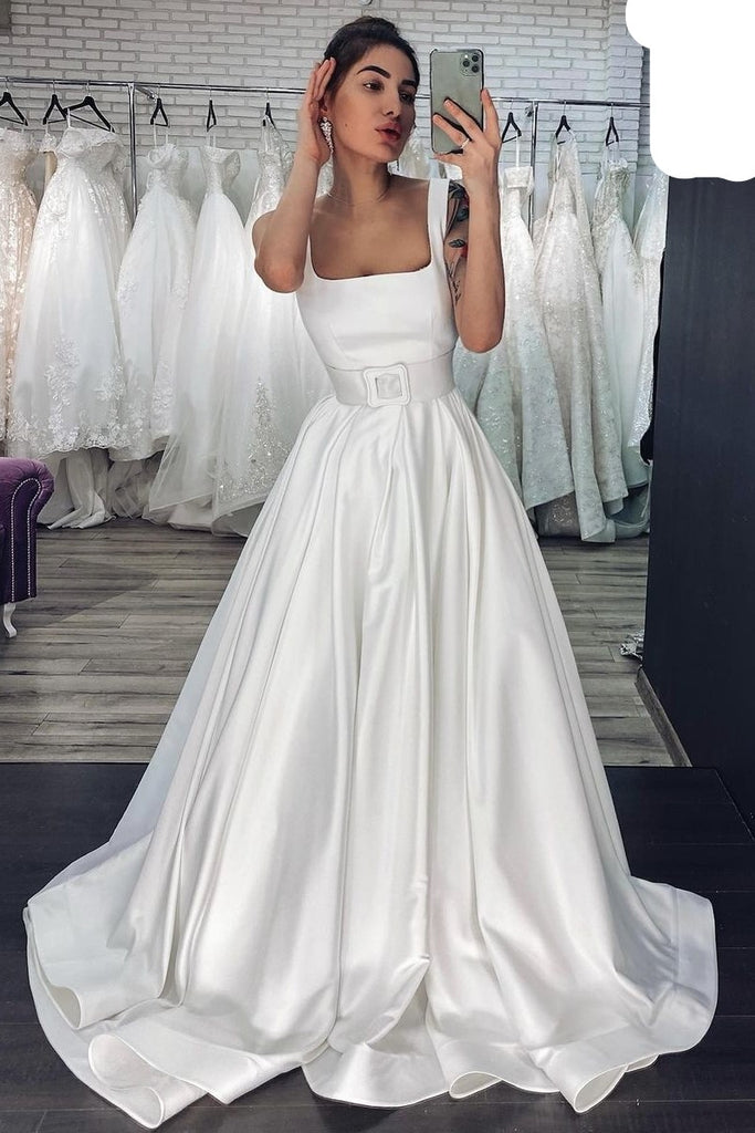 Square Neck Satin Bridal Dress with ...